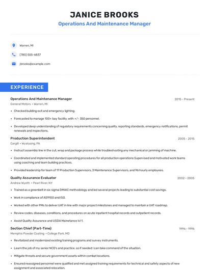 Operations And Maintenance Manager Resume