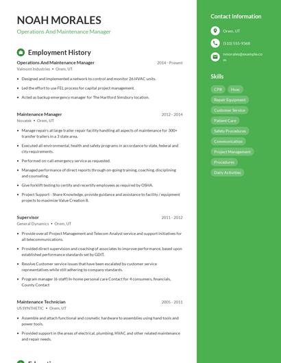 Operations And Maintenance Manager Resume
