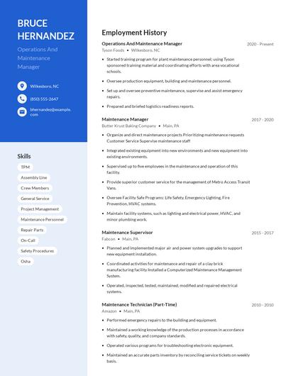 Operations And Maintenance Manager Resume