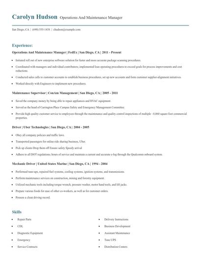 Operations And Maintenance Manager Resume