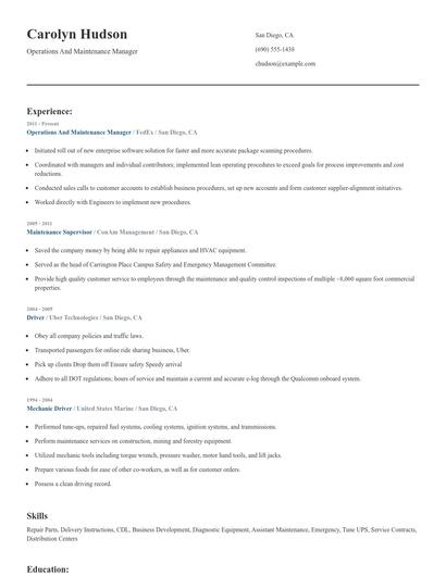 Operations And Maintenance Manager Resume