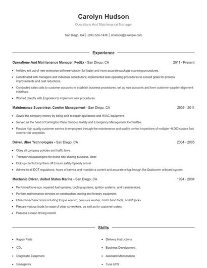 Operations And Maintenance Manager Resume