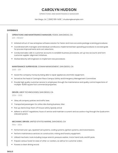 Operations And Maintenance Manager Resume