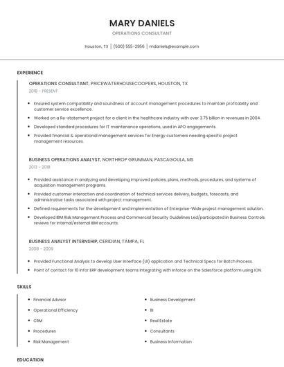 Operations Consultant Resume