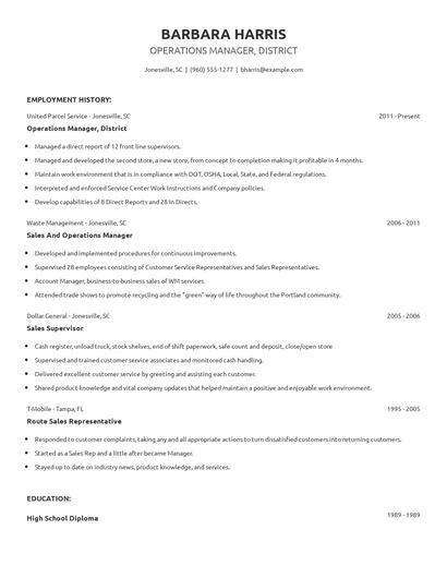 Operations Manager, District Resume
