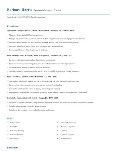 Operations Manager, District Resume