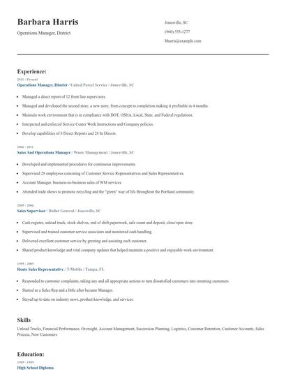 Operations Manager, District Resume