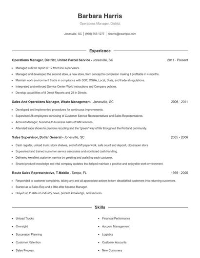 Operations Manager, District Resume