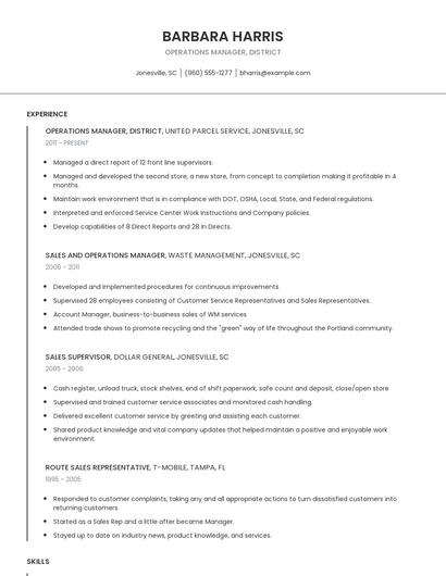 Operations Manager, District Resume