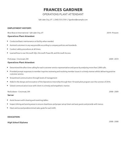 Operations Plant Attendant Resume