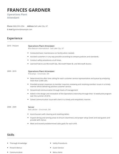 Operations Plant Attendant Resume