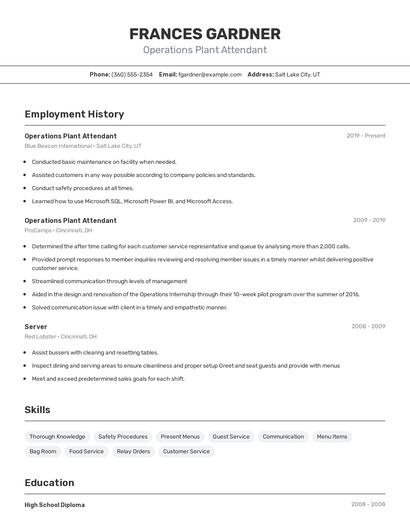 Operations Plant Attendant Resume
