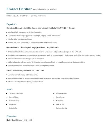 Operations Plant Attendant Resume