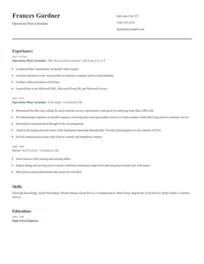 Operations Plant Attendant Resume