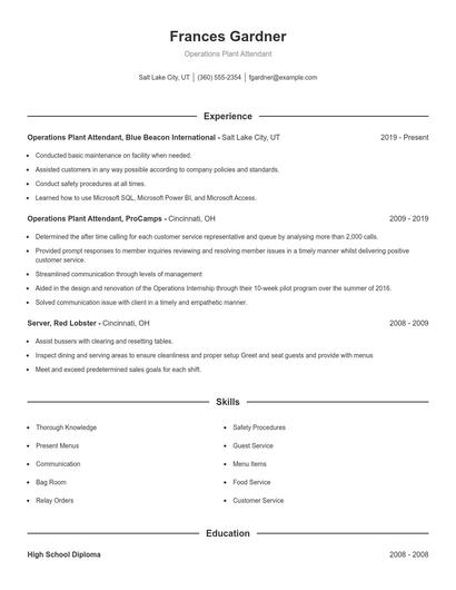 Operations Plant Attendant Resume