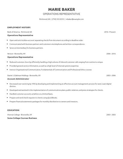 Operations Representative Resume