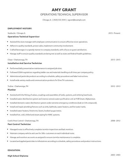 Operations Technical Supervisor Resume