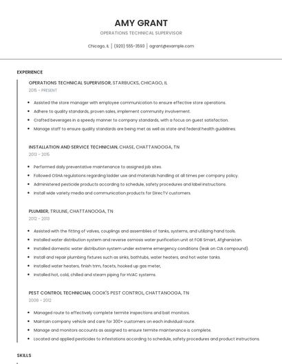 Operations Technical Supervisor Resume