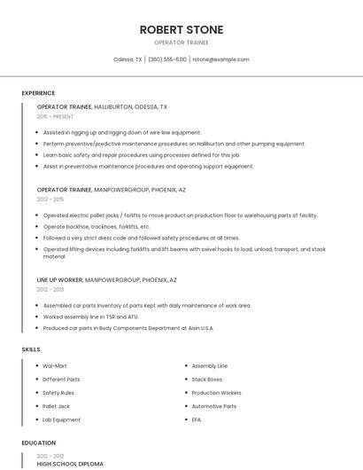 Operator Trainee Resume