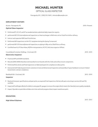 Optical Glass Inspector Resume