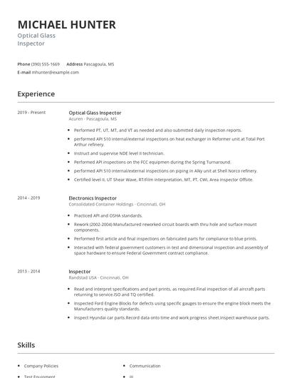 Optical Glass Inspector Resume