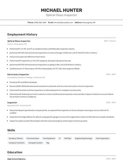 Optical Glass Inspector Resume