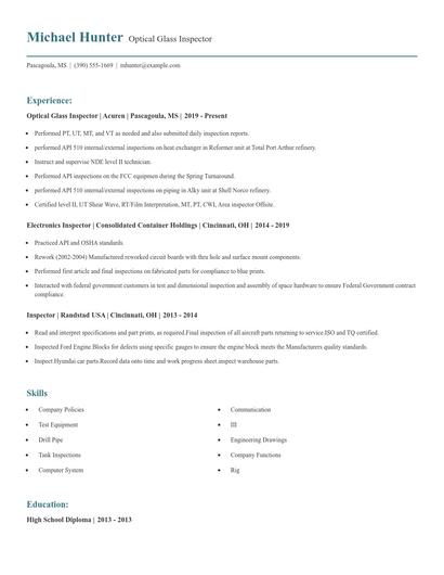 Optical Glass Inspector Resume