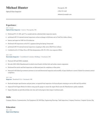 Optical Glass Inspector Resume