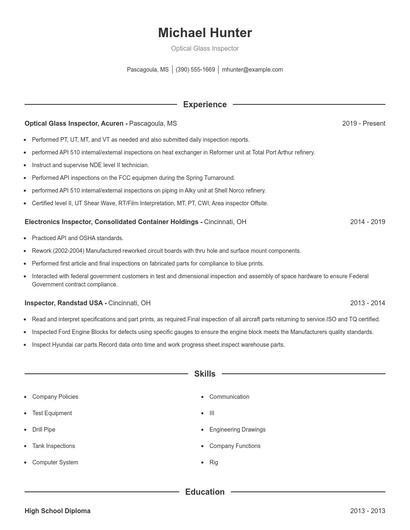 Optical Glass Inspector Resume