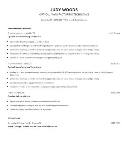 Optical Manufacturing Technician Resume
