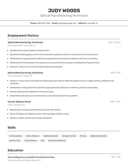 Optical Manufacturing Technician Resume