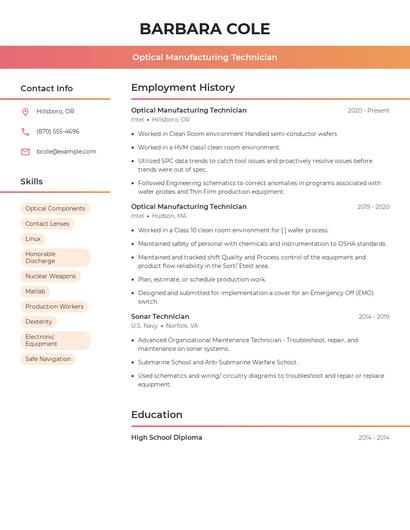 Optical Manufacturing Technician Resume