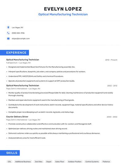 Optical Manufacturing Technician Resume