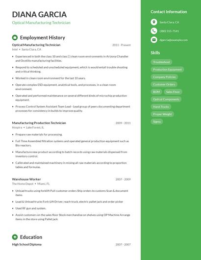 Optical Manufacturing Technician Resume
