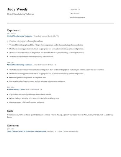 Optical Manufacturing Technician Resume