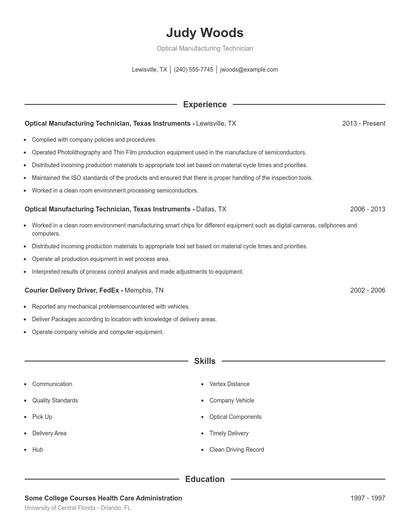Optical Manufacturing Technician Resume
