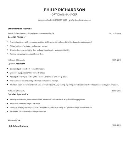 Optician Manager Resume