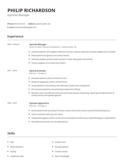 Optician Manager Resume