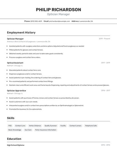 Optician Manager Resume