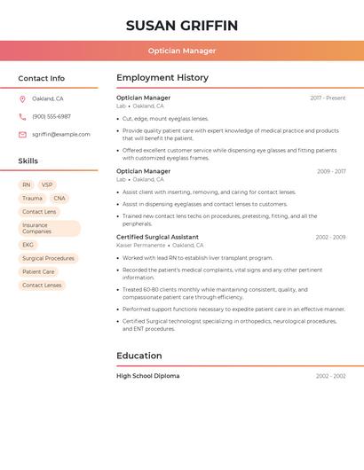 Optician Manager Resume