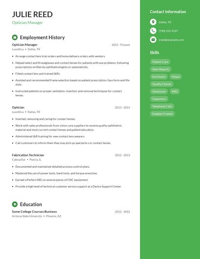 Optician Manager Resume
