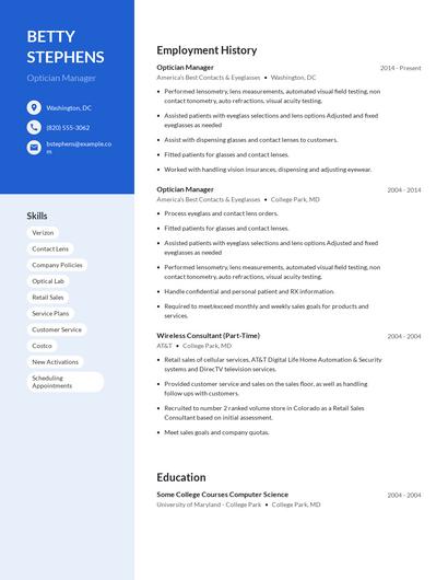 Optician Manager Resume