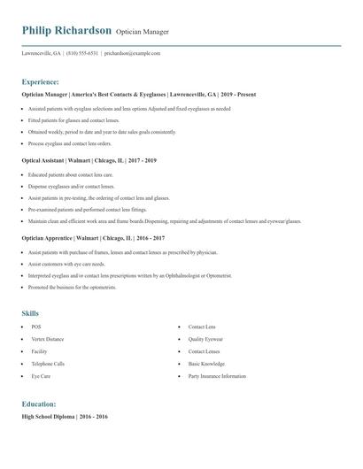Optician Manager Resume