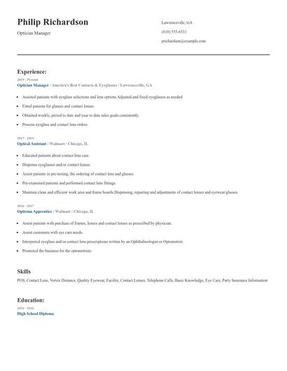 Optician Manager Resume