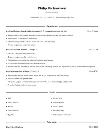 Optician Manager Resume