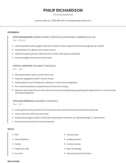 Optician Manager Resume