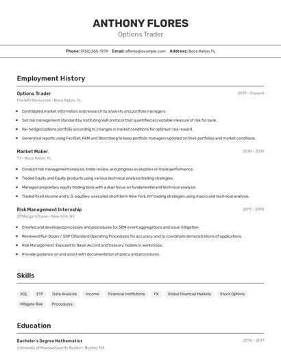 Options Trader Resume