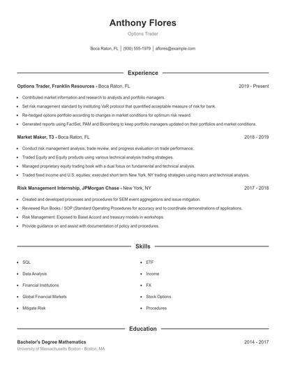 Options Trader Resume