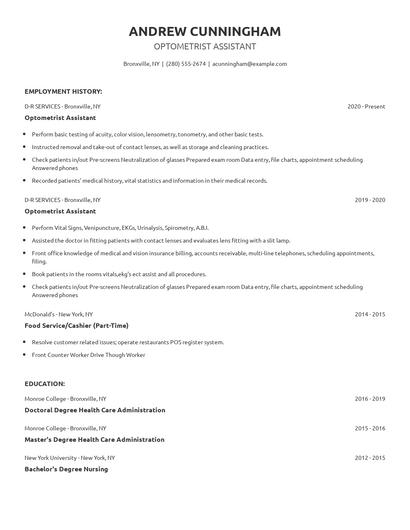 Optometrist Assistant Resume