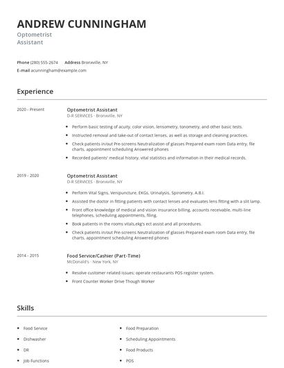 Optometrist Assistant Resume